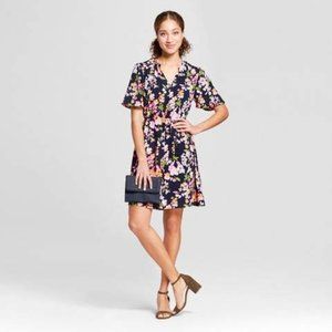 A New Day Floral Print Short Sleeve Tie Waist Crepe Dress